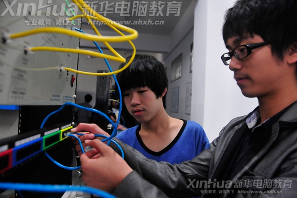 学生们在中综合布线实训室实训场景